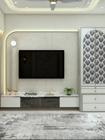 The TV unit in this living room is flanked by a tall, patterned storage cabinet, showing how to maximize storage vertically while maintaining a stylish look.