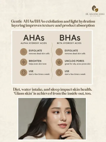 Achieving "glass skin" involves a holistic approach. Gentle exfoliation with AHAs and BHAs improves texture, while light hydration layering enhances product absorption. Importantly, diet, water intake, and sleep are foundational to achieving this level of skin health from the inside out.