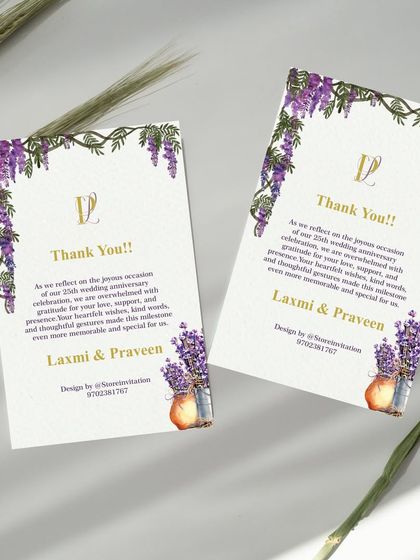 A heartfelt thank you card designed for a 25th wedding anniversary. The design continues the lilac floral theme, offering a beautiful way for the couple to express their gratitude to their guests.