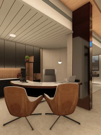 A rendering of a home office space, part of a larger open-plan master suite. The design is modern and functional, with sleek black cabinetry and leather chairs.