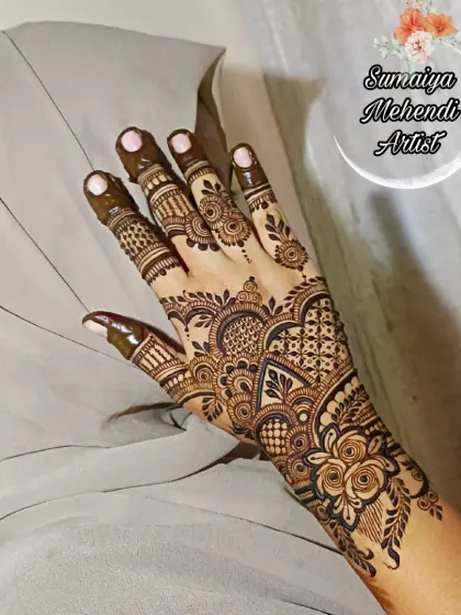 A shy pose with a lovely party henna design. The details on the fingers and the back of the hand are so pretty.