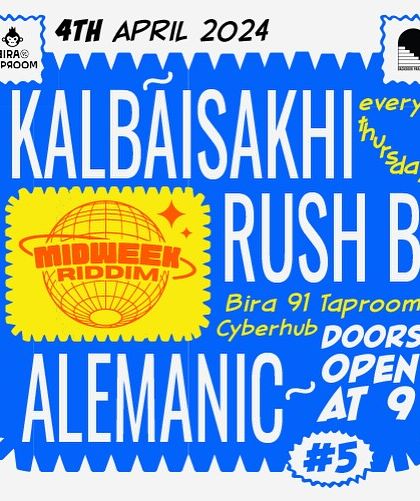 The poster for 'Midweek Riddim' at the Bira 91 Taproom. A cool, retro design for a midweek party.