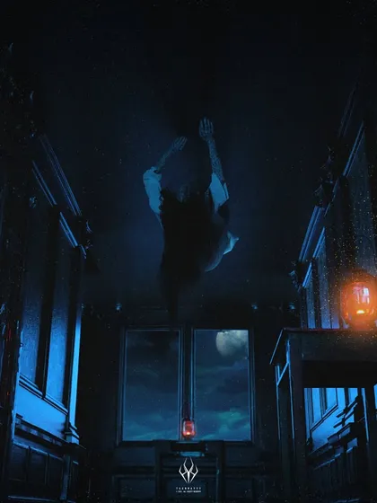 Titled 'Crawl', this scene shows a figure levitating or crawling on the ceiling of a dark room. The low-angle perspective and the single lantern create a disorienting and supernatural atmosphere, inspired by classic paranormal horror.
