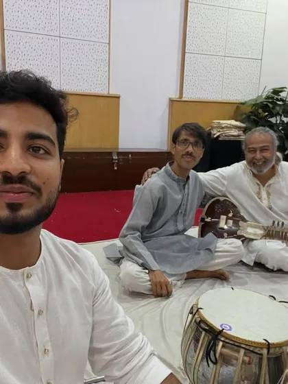 Another view from our session at Akashwani Bhawan. You can see the professional setup we use to capture the best possible sound for both the sitar and the tabla.