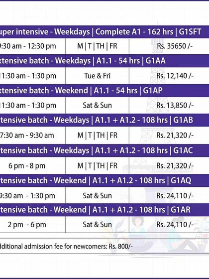 This table shows the various batch options for our beginner level courses, including Super Intensive, Extensive, and Intensive formats for both weekday and weekend schedules.