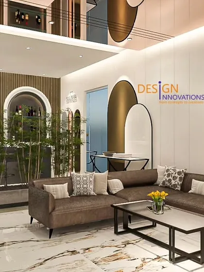 We brought natural elements indoors in this living room design. The space features a polished marble floor, elegant arched doorways, and a dedicated planter for greenery, creating a fresh and sophisticated atmosphere that feels both modern and timeless.