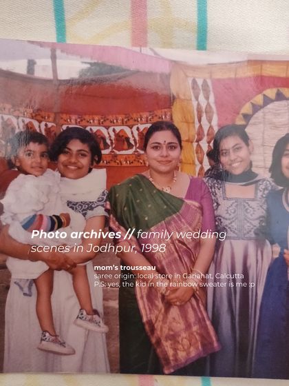 Another glimpse of the same heirloom saree from a family wedding in Jodhpur, 1998. These old photographs are our primary source of inspiration when we begin the journey of repurposing a family treasure.