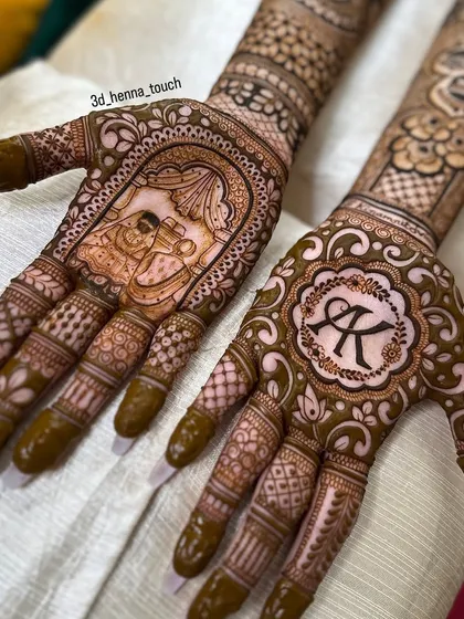 A full view of a stunning bridal design combining a traditional doli (palanquin) scene with a custom initial design on the other hand.