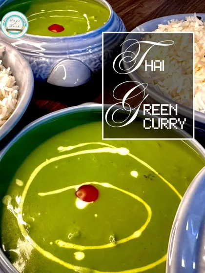 A close-up of my vibrant Thai Green Curry, showcasing its creamy texture and the fresh herbs I use to create its signature flavor. It's 100% plant-based and absolutely delicious.