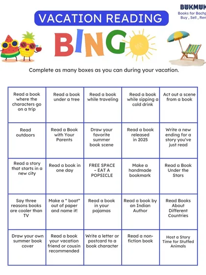 It's time for Vacation Reading Bingo. This is a fun way to encourage diverse reading experiences during the holidays. Complete as many boxes as you can, from reading under a tree to acting out a scene from a book.