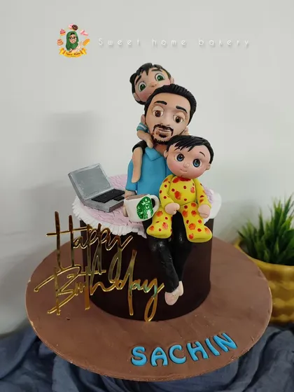 A heartwarming cake for a hardworking dad. This design features a custom topper of him with his two boys, his laptop, and his essential Starbucks coffee. It’s a sweet tribute to a loving father.