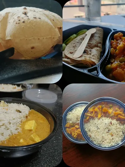 A collage showing my popular Roti and Rice combos. You can see the simple roti-sabzi meal, a paneer curry with rice, and other delicious options I deliver.