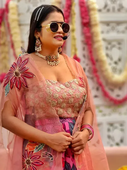 A close-up of my hosting look for a vibrant Haldi. I believe in interacting with guests up close, making them feel comfortable and ready to have fun.