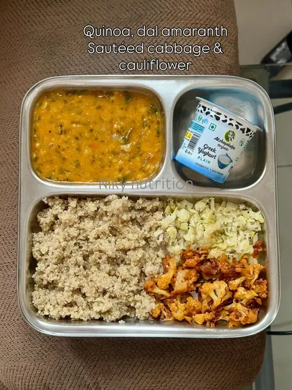 A modern Indian meal with quinoa, dal amaranth, and sautéed cabbage and cauliflower. This is a great gluten-free option that is still high in protein and fiber.