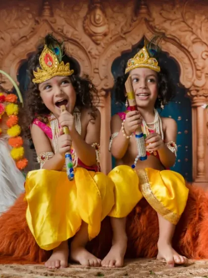 Two flutes, one soul. Celebrating the magic of Krishna and the bond of siblings in this themed photoshoot.