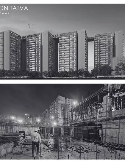 The Falcon Tatva residential project in Bhubaneswar, showing the transition from render to reality. This large-scale development is one of our key projects in East India, designed to bring a new level of architectural sophistication to the region.