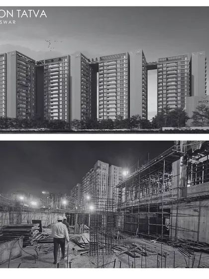 The Falcon Tatva residential project in Bhubaneswar, showing the transition from render to reality. This large-scale development is one of our key projects in East India, designed to bring a new level of architectural sophistication to the region.