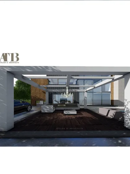 An early concept render exploring form and space in minimalist architecture. This image shows the creation of a covered outdoor living area, defined by a simple, bold portal frame and a dark wood deck, demonstrating how we shape experiences through structure.