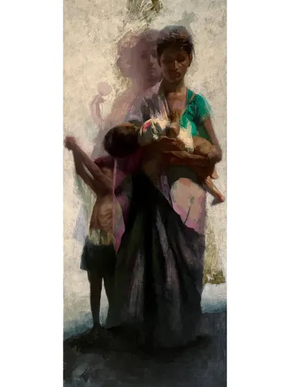 Titled "Love & Hunger," this oil on canvas work delves into the theme of motherhood amidst adversity. I used the impasto technique to create a textured, almost sculptural quality, representing the mother as a foundational, inspirational figure in a challenging world.