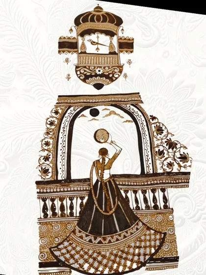 This is a classic Karwachauth design, telling the story of the festival. It features a detailed portrait of a woman in traditional attire looking at the moon through a chhalni, set within an ornate jharokha.