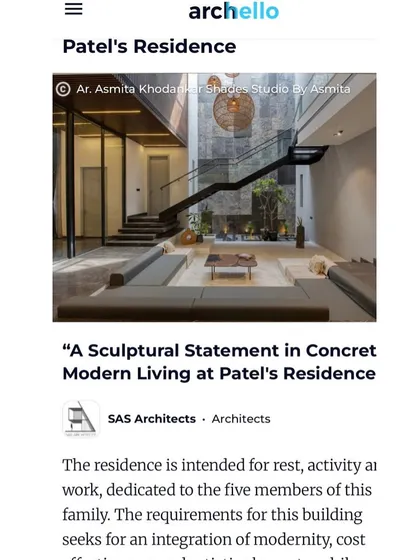 A screenshot from Archello describing our Patel's Residence as "A Sculptural Statement in Concrete."