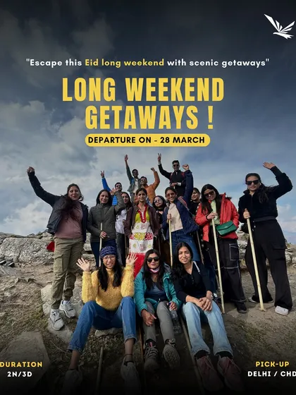 Another long weekend is here! This Eid, grab your friends and create unforgettable memories with our scenic getaways. This poster shows a happy group ready for their adventure.