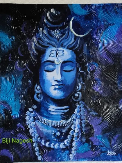This textured Shiva painting, titled 'Om Shiva Shambho', uses a palette of deep blues and purples to evoke a meditative state. The spiral textures in the background add a sense of cosmic energy. This is a popular style for custom spiritual art.