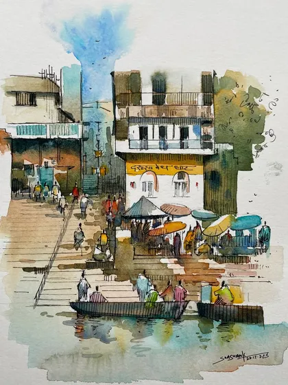 This piece captures the lively atmosphere of the ghats in Varanasi, combining fine pen lines with loose watercolor washes. My illustration workshops focus on this technique to create detailed yet expressive cityscapes and scenes from daily life.