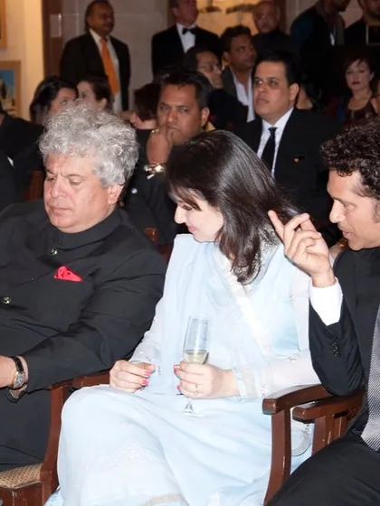 Guests Suhel Seth, Anjali Tendulkar, and Sachin Tendulkar attending 'The Jodhpur Auction'. The evening was a celebration of art and philanthropy at the magnificent Umaid Bhawan Palace.