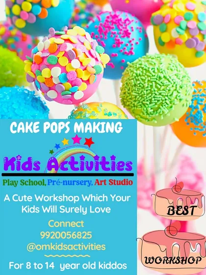 Get ready for a sweet treat with my Cake Pops Making workshop. This poster highlights a fun, hands-on baking experience where kids can learn to make and decorate their own colorful cake pops, perfect for a small group or a mom and kid duo.