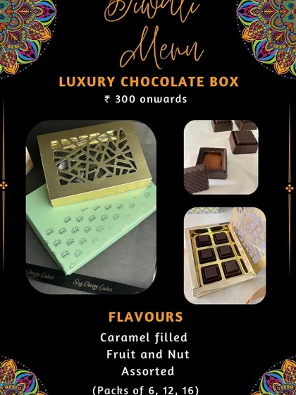 My Luxury Chocolate Box for Diwali, featuring handmade caramel-filled and fruit and nut chocolates. The elegant packaging makes it a perfect corporate or personal gift.