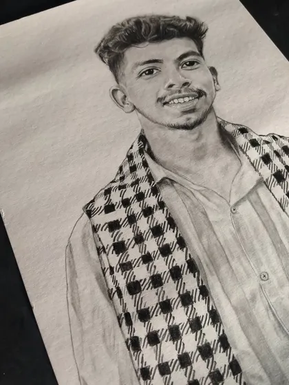 This paid portrait of a man with a checkered scarf was a commission from Chhattisgarh. I ship my artwork all over India.