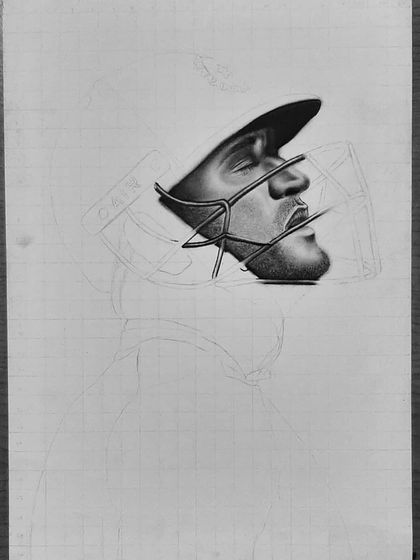 A step-by-step look at my tribute portrait of MS Dhoni. These images show the meticulous work of drawing the helmet, face, and jersey details over 90 hours.