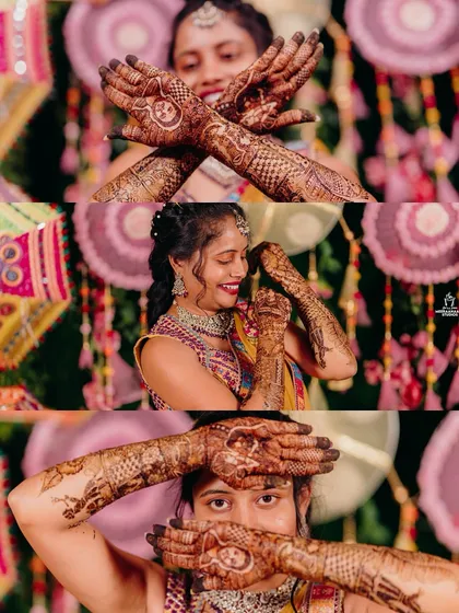 A collage of a bride showing off her beautiful mehendi-adorned hands during her vibrant Mehendi ceremony.