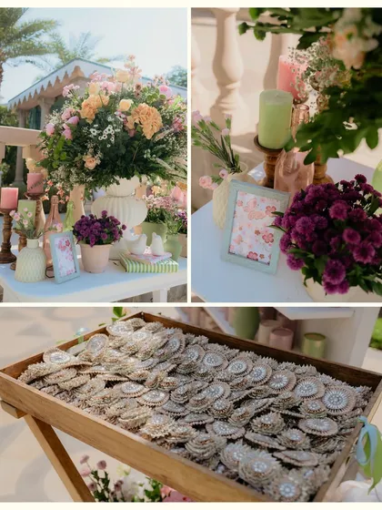 Details from the pastel Mehendi, including lush floral arrangements, custom-framed pictures, and a tray of gota patti favors, highlighting the thoughtful and cohesive styling.