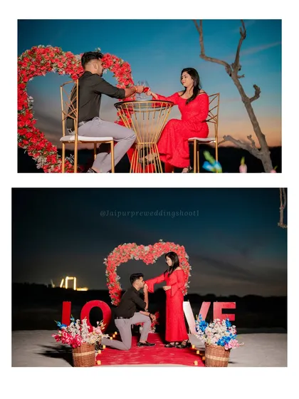 A dreamy night shoot for Praveen and Chaithra with a "LOVE" sign and a heart-shaped arch, creating a perfect setting for romantic photos.