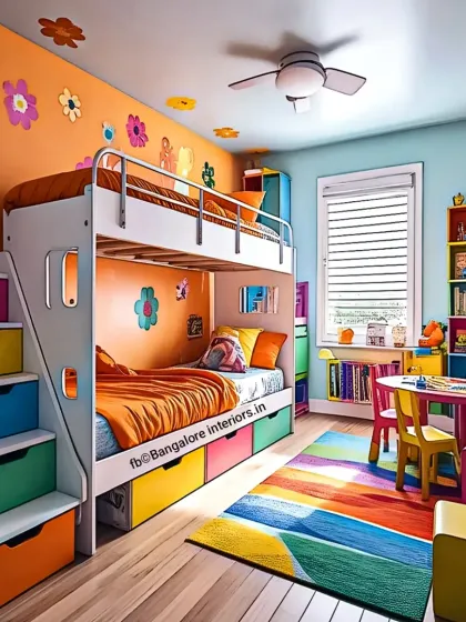 Color makes a room come alive. This vibrant bunk bed setup uses a rainbow palette and flower decals to create a cheerful space. The integrated staircase doubles as storage drawers, making it a perfect, space-efficient solution for a shared children's bedroom.