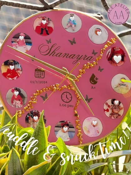 I create these adorable baby resin wall clocks to capture your little one's firsts. This piece features 12 photos for each month, along with the name, birth date, and time, making it a timeless keepsake for any nursery.