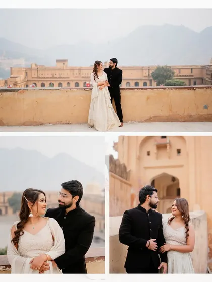 A collection of intimate and grand shots of Nihit and Komal at Amer Fort. The misty mountain backdrop adds a layer of serene beauty to their royal pre-wedding photoshoot.