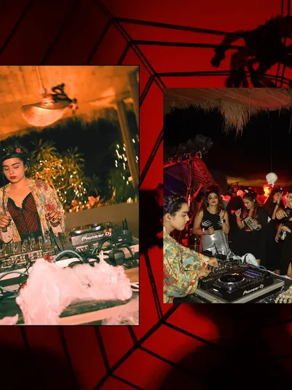 A Halloween gig in full swing. On the left, I'm at the decks in my Frida Kahlo inspired outfit, and on the right, you can see the crowd getting into the spooky spirit. I love creating immersive, themed party experiences.