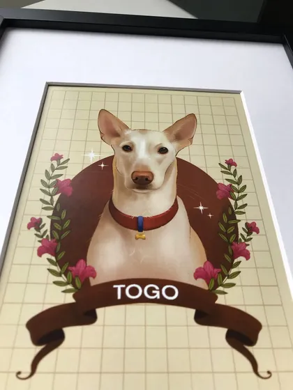 Here is the digital portrait of Togo, framed and ready to go to its new home. The black frame provides a nice contrast to the warm colors in the illustration.