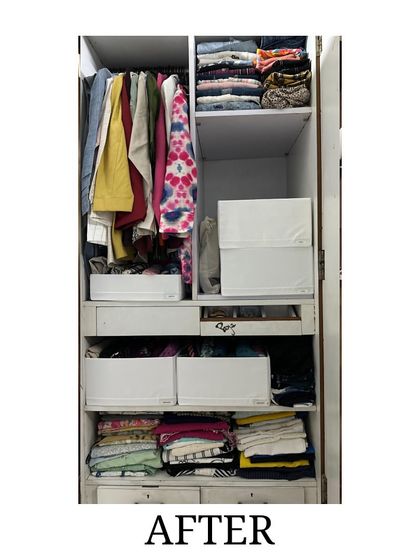 After: The same wardrobe, now completely transformed. We unpacked everything, decluttered nine boxes of clothes, and created a system with designated zones for different categories, using bins for folded items.
