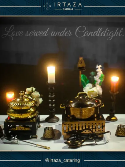"Love served under Candlelight." This image perfectly captures the romantic and intimate mood I can create with a simple, elegant setup featuring two golden serving dishes, candelabras, and delicate votives.