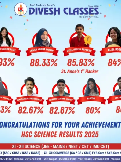 Congratulations to all our high achievers in the HSC Science 2025 results. We are proud to have guided students like Patel Manish, who secured the 1st rank at St. Anne's College.