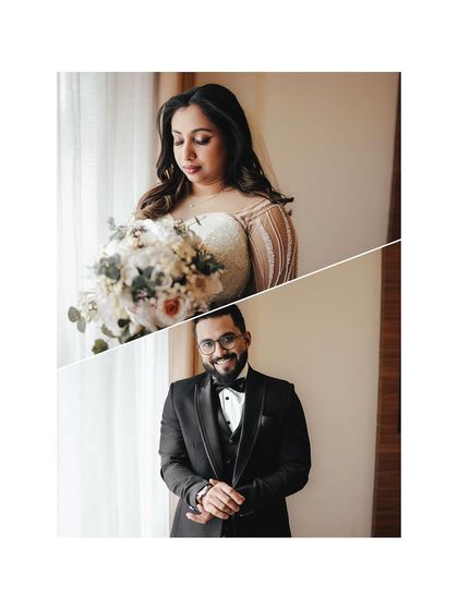 A split-screen portrait of the bride and groom, capturing their individual portraits before they meet.