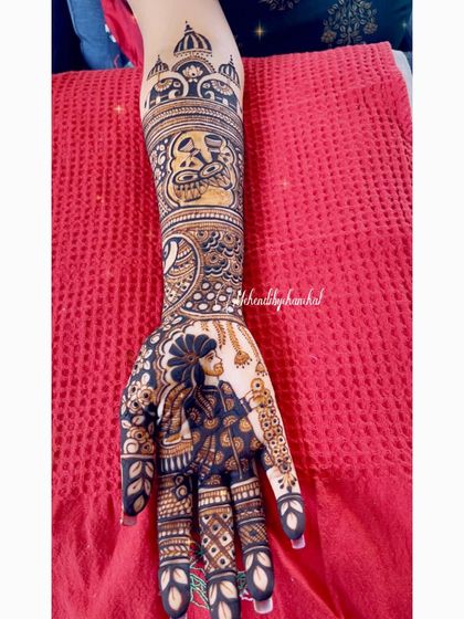 A close-up of the groom's portrait on the bride's hand. The detail in his sherwani and the kalgi on his turban is a testament to the art of portrait mehendi.