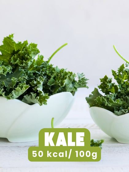 Kale is a nutrient-dense leafy green with about 50 kcal per 100g. It's a powerhouse of vitamins and minerals, perfect for salads and smoothies.
