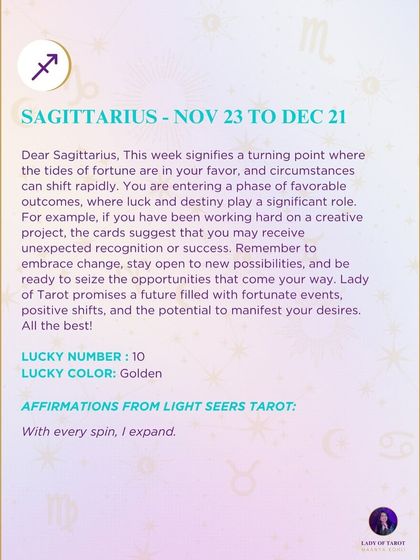 A weekly tarot prediction for Sagittarius. This week signifies a turning point where the tides of fortune are in your favor. Remember to embrace change, stay open to new possibilities, and be ready to seize the opportunities that come your way.