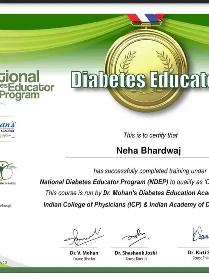 I am proud to be a Certified Diabetes Educator. This specialized training allows me to provide expert guidance on managing and preventing diabetes, a critical health concern for many working professionals in India today.
