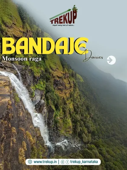 The "Bandaje Diaries" poster, capturing the dramatic view of the waterfall from the cliff edge.